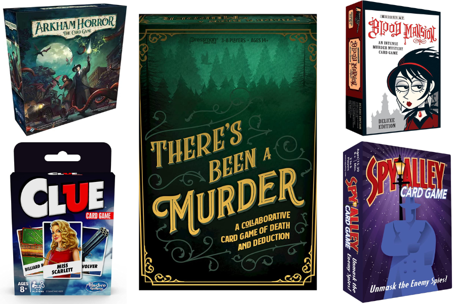A selection of mystery card games including Clue, Blood Mansion, Arkham Horror, and Spy Alley