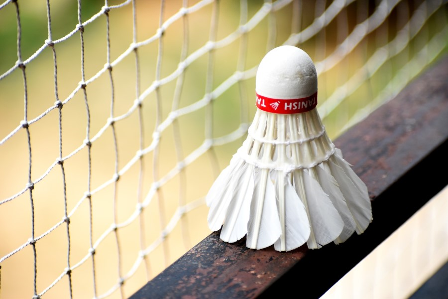 One white goose feather shuttlecock with a badminton net as a background