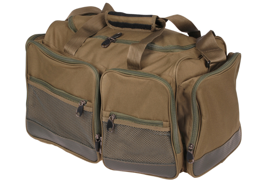 A brown surf fishing bag with army green zippers and front mesh pouches on a white background