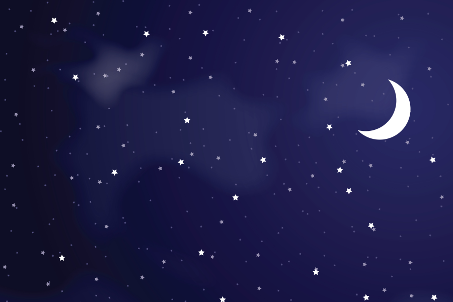 A crescent moon and glowing white stars on a background of blue shades